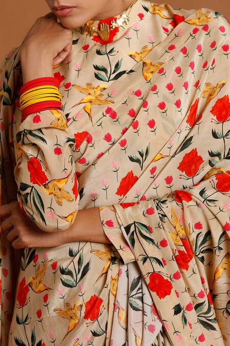 Masaba_Beige Crepe Hummingbird Print Saree_at_Aza_Fashions