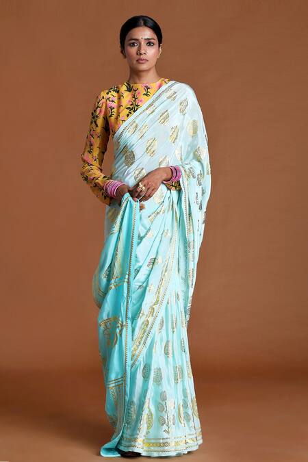 Buy Blue Crepe Bloom Bell Foil Print Saree For Women by Masaba