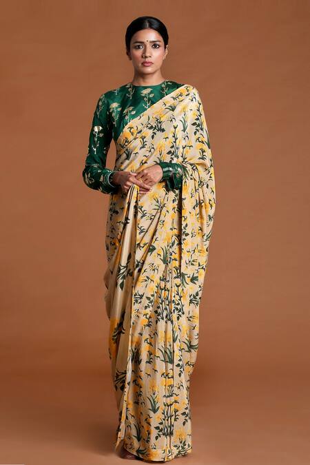 Masaba Beige Crepe Autumn Bouquet Print Saree 