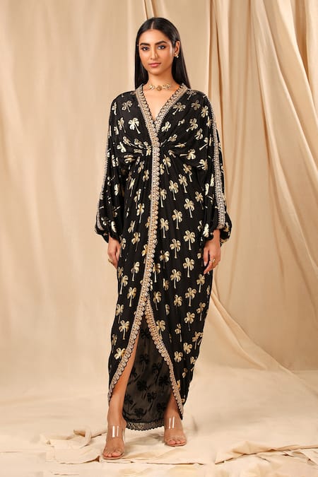 Masaba_Black Crepe Coco V Neck Print Kaftan _Online_at_Aza_Fashions