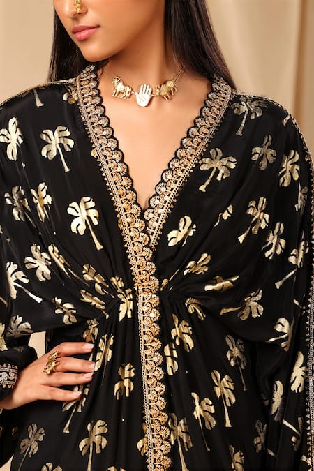 Shop_Masaba_Black Crepe Coco V Neck Print Kaftan _Online_at_Aza_Fashions