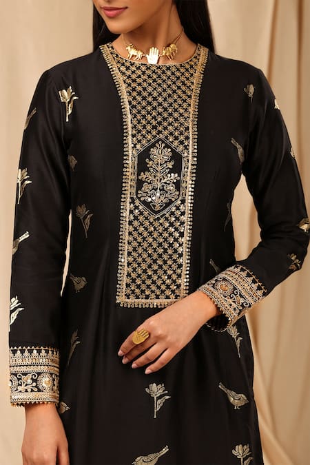 Shop_Masaba_Black Chanderi Silk Vintage Fiona Round Kurta Set _Online_at_Aza_Fashions