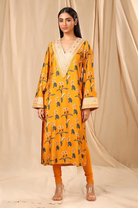 Masaba_Yellow Raw Silk Spring Blossom V Neck Kurta Set _Online_at_Aza_Fashions