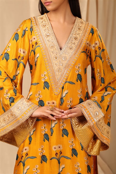 Shop_Masaba_Yellow Raw Silk Spring Blossom V Neck Kurta Set _Online_at_Aza_Fashions