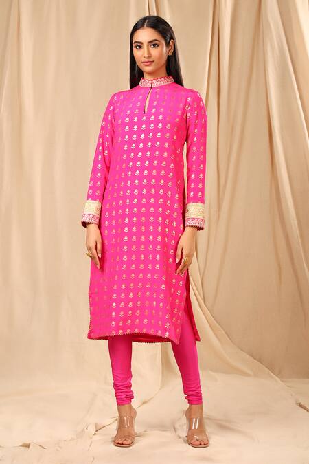 Masaba_Pink Silk Wallflower Mandarin Collar Foil Print Kurta_Online_at_Aza_Fashions