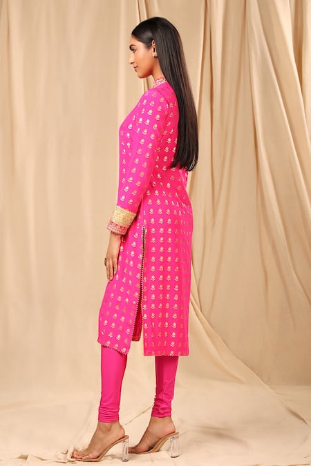 Buy_Masaba_Pink Silk Wallflower Mandarin Collar Foil Print Kurta_Online_at_Aza_Fashions