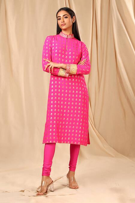 Shop_Masaba_Pink Silk Wallflower Mandarin Collar Foil Print Kurta_Online_at_Aza_Fashions