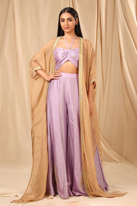 Masaba Purple Raw Silk Wallflower Print Cape And Palazzo Set