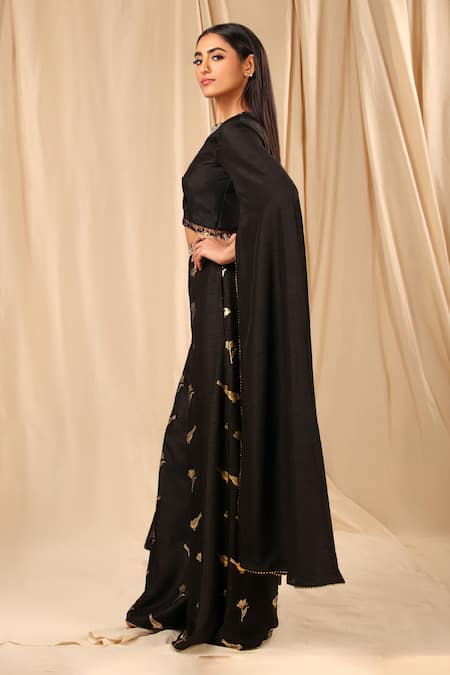 Masaba_Black Raw Silk Vintage Fiona V Neck Foil Print Palazzo Set _Online_at_Aza_Fashions