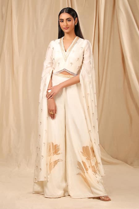 Masaba Ivory Raw Silk Wine Garden Scallop Neck Foil Print Palazzo Set Online at Aza Fashions Masaba_Ivory Raw Silk Wine Garden Scallop Neck Foil Print Palazzo Set_Online_at_Aza_Fashions