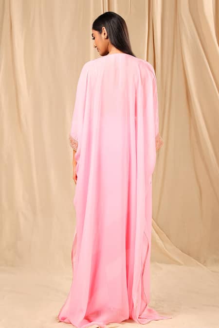 Shop_Masaba_Pink Raw Silk, Organza, Crepe Wallflower Cape Sorbet Striped Draped Skirt Set _at_Aza_Fashions