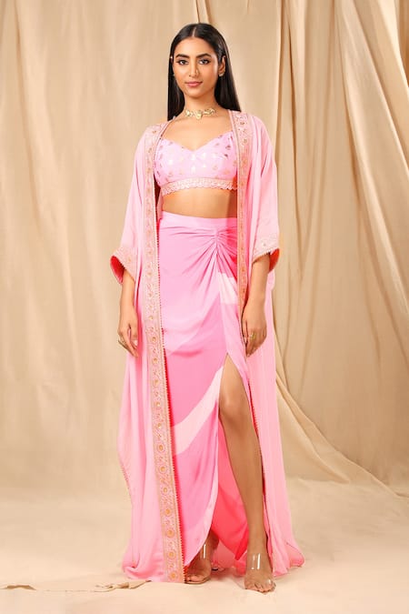 Masaba_Pink Raw Silk, Organza, Crepe Wallflower Cape Sorbet Striped Draped Skirt Set _Online_at_Aza_Fashions