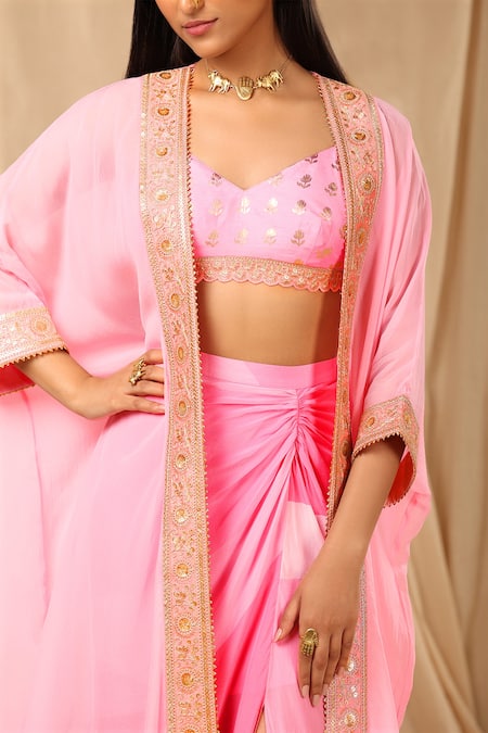 Shop_Masaba_Pink Raw Silk, Organza, Crepe Wallflower Cape Sorbet Striped Draped Skirt Set _Online_at_Aza_Fashions