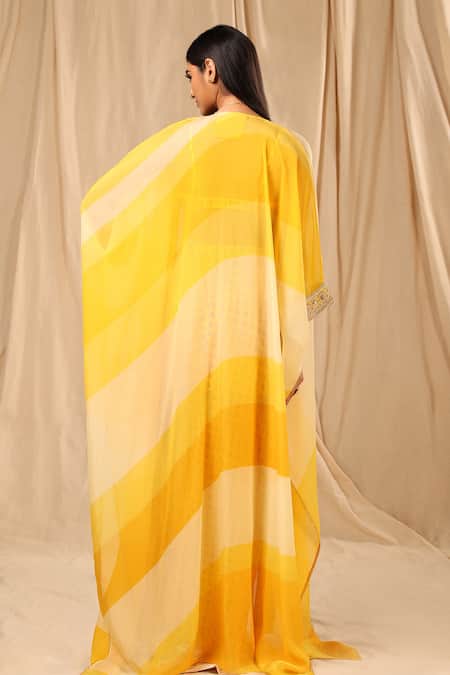 Shop_Masaba_Yellow Raw Silk, Organza, Crepe Sorbet Stripe, Wallflower And Draped Skirt Set _at_Aza_Fashions