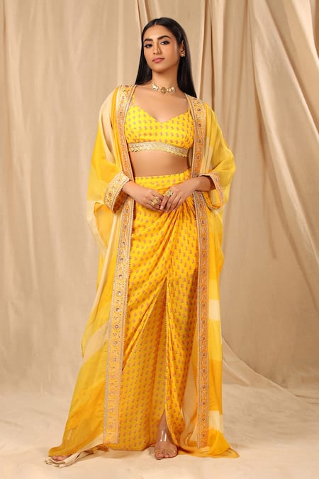 Masaba_Yellow Raw Silk, Organza, Crepe Sorbet Stripe, Wallflower And Draped Skirt Set _Online_at_Aza_Fashions