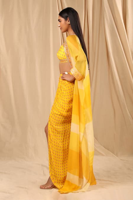 Buy_Masaba_Yellow Raw Silk, Organza, Crepe Sorbet Stripe, Wallflower And Draped Skirt Set _Online_at_Aza_Fashions