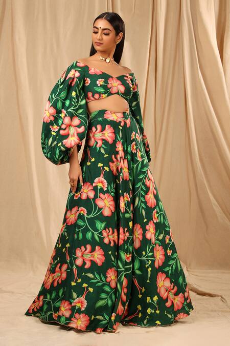 Masaba_Green Raw Silk Cherry Blossom V Neck Queen Of The Night Printed Lehenga Set_Online_at_Aza_Fashions