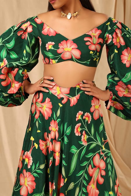 Masaba_Green Raw Silk Cherry Blossom V Neck Queen Of The Night Printed Lehenga Set_at_Aza_Fashions