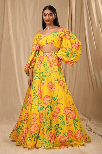 Buy_Masaba_Yellow Raw Silk Cherry Blossom V Neck Queen Of The Night Printed Lehenga Set_Online_at_Aza_Fashions
