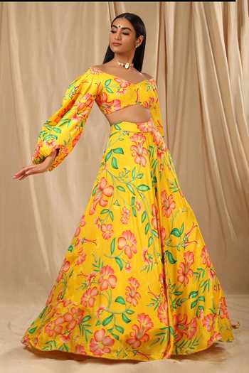 Shop_Masaba_Yellow Raw Silk Cherry Blossom V Neck Queen Of The Night Printed Lehenga Set_Online_at_Aza_Fashions