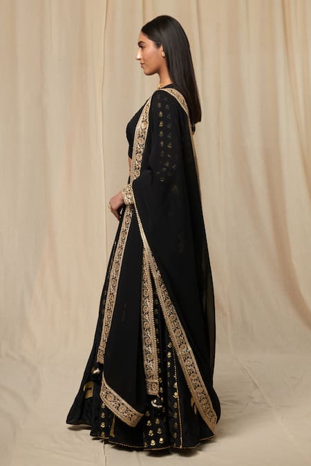 Buy_Masaba_Black Blouse Raw Silk, Dupatta Organza, Lehenga Crepe Coco, And Print Set_Online_at_Aza_Fashions