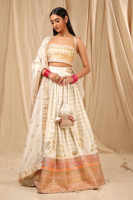 Masaba Ivory Raw Silk Printed Wallflower Scallop Neck Oasis Lehenga Set 