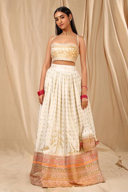Masaba Ivory Raw Silk, Brocade Oasis, Wallflower Scallop Neck Print Lehenga Set Online at Aza Fashions Masaba_Ivory Raw Silk, Brocade Oasis, Wallflower Scallop Neck Print Lehenga Set_Online_at_Aza_Fashions