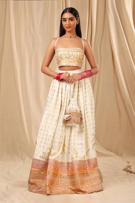 Shop Masaba Ivory Raw Silk, Brocade Oasis, Wallflower Scallop Neck Print Lehenga Set Online at Aza Fashions Shop_Masaba_Ivory Raw Silk, Brocade Oasis, Wallflower Scallop Neck Print Lehenga Set_Online_at_Aza_Fashions