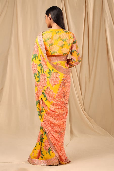 Shop_Masaba_Yellow Crepe Candy Swirl Print Saree _at_Aza_Fashions