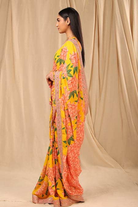 Masaba_Yellow Crepe Candy Swirl Print Saree _Online_at_Aza_Fashions
