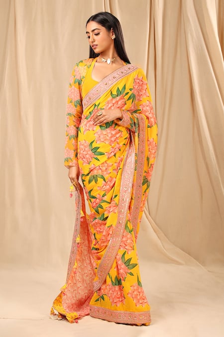 Buy_Masaba_Yellow Crepe Candy Swirl Print Saree _Online_at_Aza_Fashions