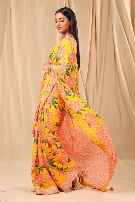 Shop_Masaba_Yellow Crepe Candy Swirl Print Saree _Online_at_Aza_Fashions