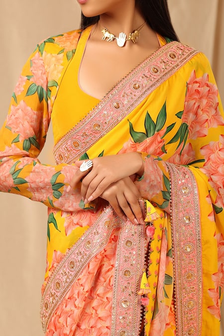 Masaba_Yellow Crepe Candy Swirl Print Saree _at_Aza_Fashions
