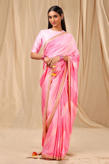 Masaba Pink Raw Silk Sorbet Stripes Saree Online at Aza Fashions Masaba_Pink Raw Silk Sorbet Stripes Saree_Online_at_Aza_Fashions