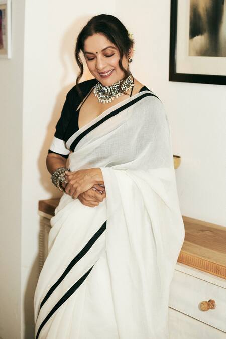 Shop Masaba Ivory Chanderi Mul And Raw Silk Sportee Saree Online at Aza Fashions Shop_Masaba_Ivory Chanderi Mul And Raw Silk Sportee Saree_Online_at_Aza_Fashions