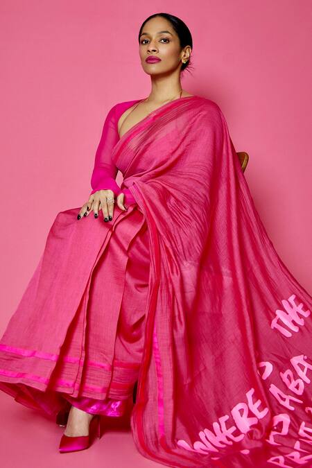 Buy_Masaba_Pink Chanderi Mul Slogan Sportee Saree With Blouse Fabric _Online_at_Aza_Fashions