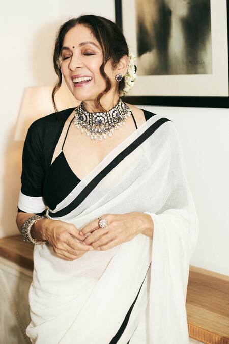 Masaba Ivory Chanderi Mul And Raw Silk Sportee Saree at Aza Fashions Masaba_Ivory Chanderi Mul And Raw Silk Sportee Saree_at_Aza_Fashions