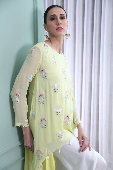 Seams Pret And Couture_Green Georgette Hand Embroidered Bead Work Boat Maya Asymmetric Kurta And Pant Set _Online_at_Aza_Fashions