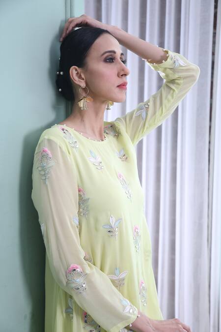 Buy_Seams Pret And Couture_Green Georgette Hand Embroidered Bead Work Boat Maya Asymmetric Kurta And Pant Set _Online_at_Aza_Fashions