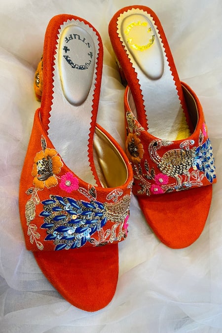 Shiveen Shiveen Embroidered Orange Block Heels 
