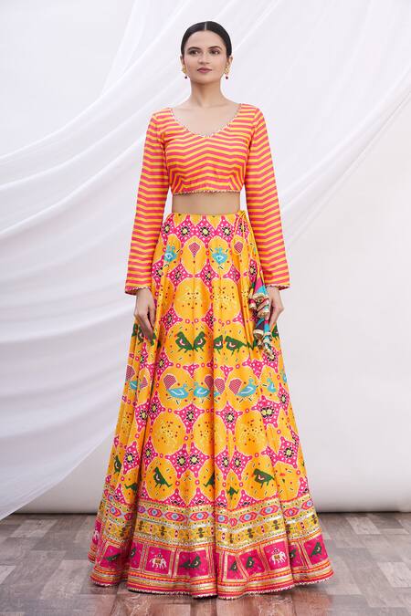 Mayyur Girotra Couture_Yellow Patola Print Lehenga Set_Online_at_Aza_Fashions