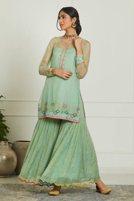 Rajiramniq Green Organza, Tissue Chanderi Kurta Round Slip Square Embroidered Set Online at Aza Fashions Rajiramniq_Green Organza, Tissue Chanderi Kurta Round Slip Square Embroidered Set _Online_at_Aza_Fashions