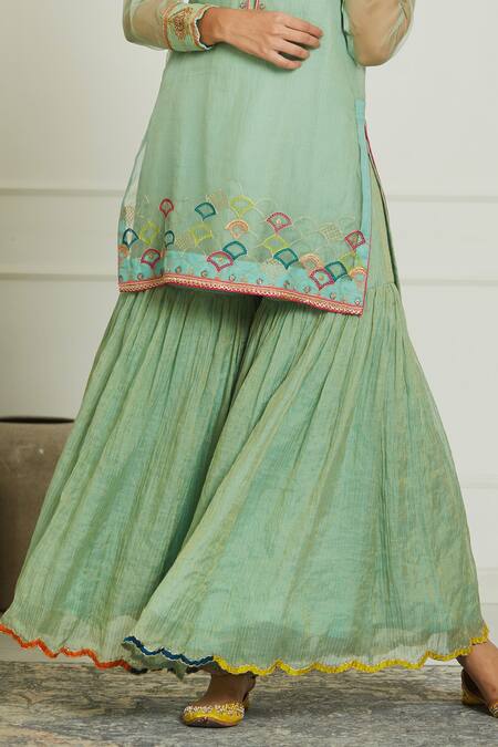 Rajiramniq Green Organza, Tissue Chanderi Kurta Round Slip Square Embroidered Set at Aza Fashions Rajiramniq_Green Organza, Tissue Chanderi Kurta Round Slip Square Embroidered Set _at_Aza_Fashions