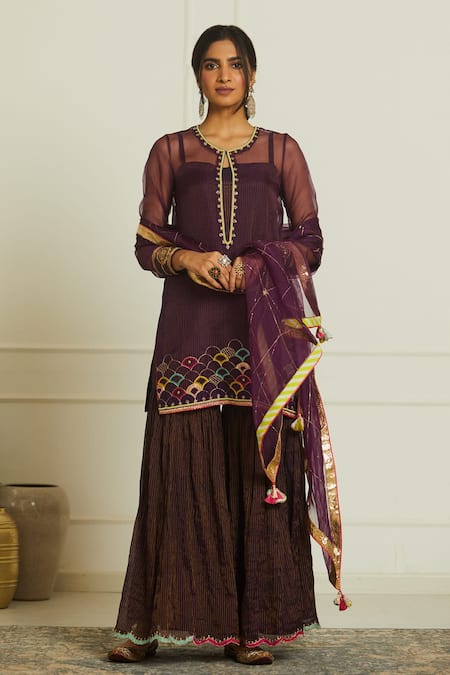 Rajiramniq Purple Organza Embroidery Kurta Round Slip Square Set 