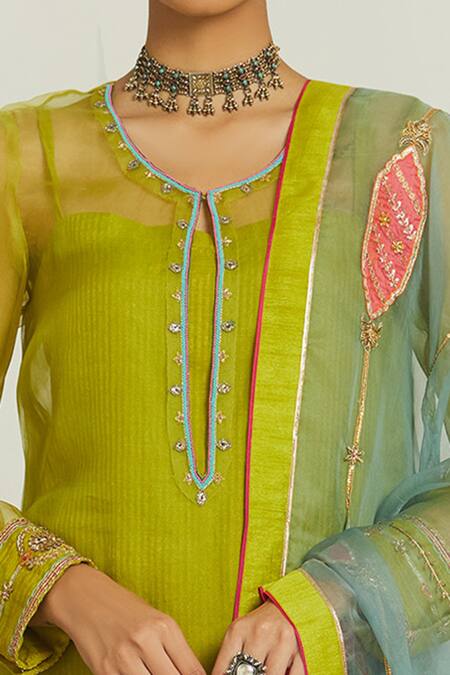 Shop Rajiramniq Green Organza Embroidery Kurta Round Slip Square Set Online at Aza Fashions Shop_Rajiramniq_Green Organza Embroidery Kurta Round Slip Square Set _Online_at_Aza_Fashions