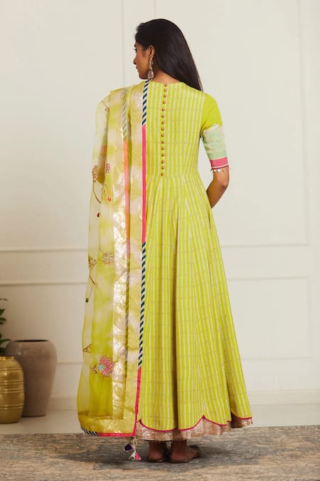 Shop Rajiramniq Green Organza, Crepe V Neck Embroidered Anarkali With Dupatta at Aza Fashions Shop_Rajiramniq_Green Organza, Crepe V Neck Embroidered Anarkali With Dupatta _at_Aza_Fashions