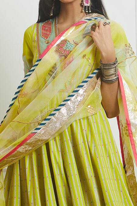 Rajiramniq Green Organza, Crepe V Neck Embroidered Anarkali With Dupatta at Aza Fashions Rajiramniq_Green Organza, Crepe V Neck Embroidered Anarkali With Dupatta _at_Aza_Fashions