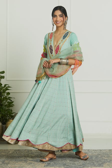 Rajiramniq Blue Organza, Crepe V Neck Embroidered Anarkali With Dupatta 
