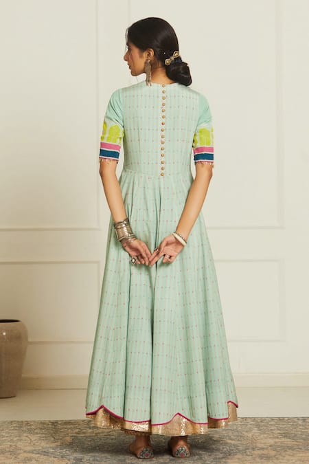 Shop Rajiramniq Blue Organza, Crepe V Neck Embroidered Anarkali With Dupatta at Aza Fashions Shop_Rajiramniq_Blue Organza, Crepe V Neck Embroidered Anarkali With Dupatta _at_Aza_Fashions