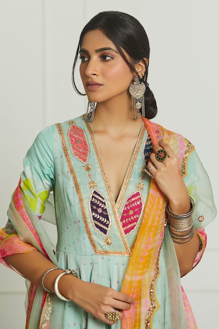 Shop Rajiramniq Blue Organza, Crepe V Neck Embroidered Anarkali With Dupatta Online at Aza Fashions Shop_Rajiramniq_Blue Organza, Crepe V Neck Embroidered Anarkali With Dupatta _Online_at_Aza_Fashions